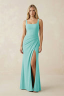 Square Neck Ruched Sheath Satin Bridesmaid Dress in Aqua - SHE IS ME Bridesmaid Dresses