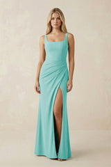 Square Neck Ruched Sheath Satin Bridesmaid Dress in Aqua - KISS BRIDAL Bridesmaid Dresses