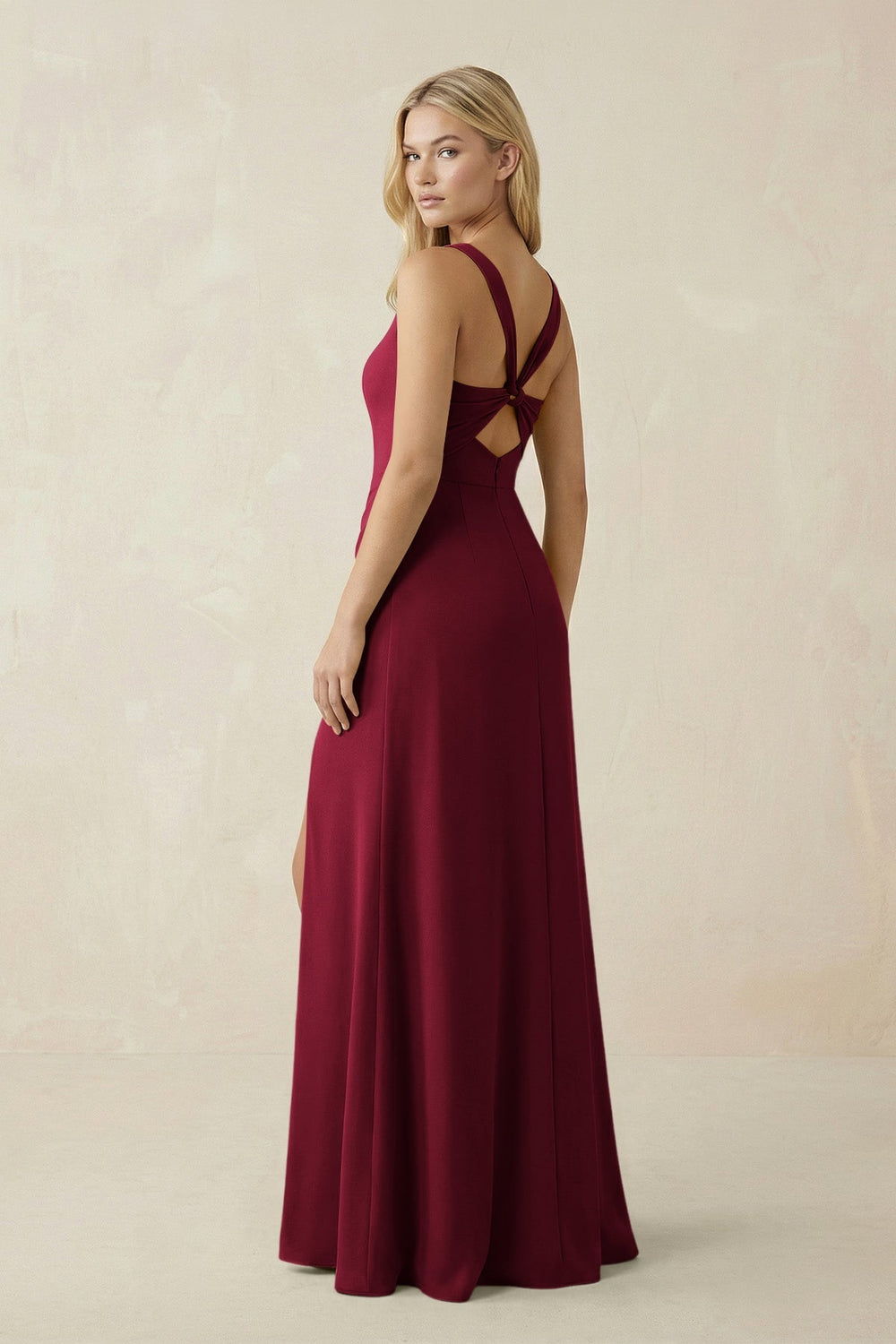 Square Neck Ruched Sheath Satin Bridesmaid Dress in Berry - KISS BRIDAL Bridesmaid Dresses