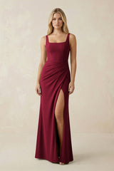 Square Neck Ruched Sheath Satin Bridesmaid Dress in Berry - KISS BRIDAL Bridesmaid Dresses