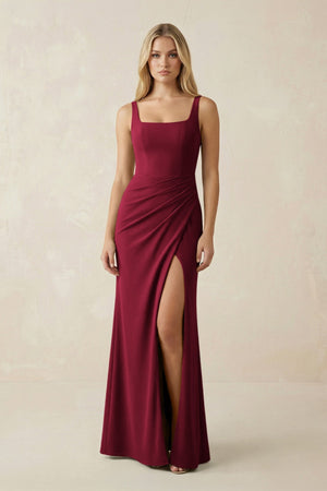 Square Neck Ruched Sheath Satin Bridesmaid Dress in Berry - SHE IS ME Bridesmaid Dresses