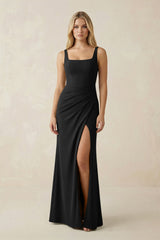 Square Neck Ruched Sheath Satin Bridesmaid Dress in Black - KISS BRIDAL Bridesmaid Dresses
