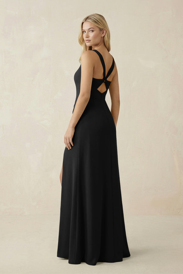 Square Neck Ruched Sheath Satin Bridesmaid Dress in Black - SHE IS ME Bridesmaid Dresses