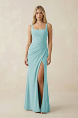 Square Neck Ruched Sheath Satin Bridesmaid Dress in Bleached Aqua - KISS BRIDAL Bridesmaid Dresses