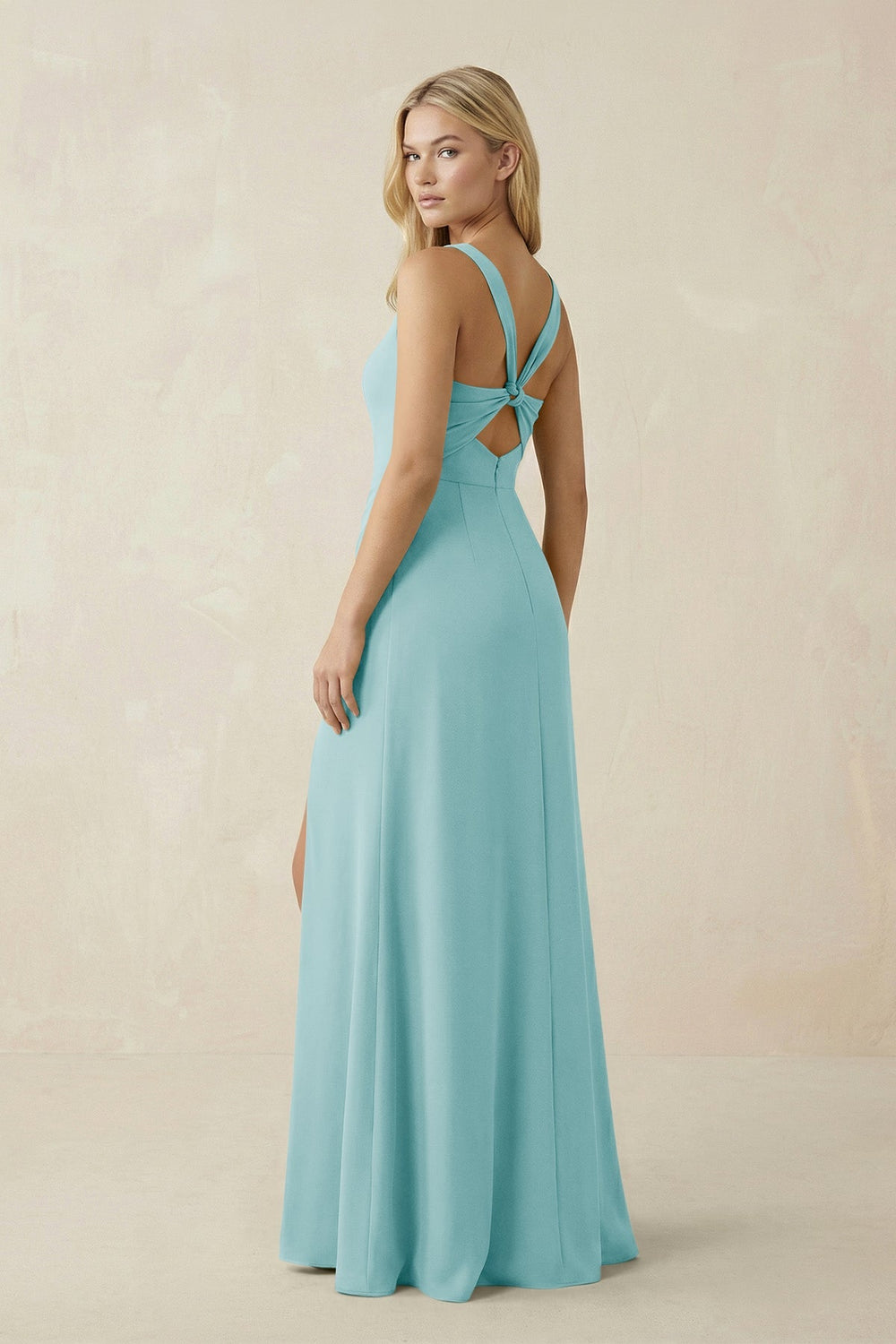 Square Neck Ruched Sheath Satin Bridesmaid Dress in Bleached Aqua - KISS BRIDAL Bridesmaid Dresses