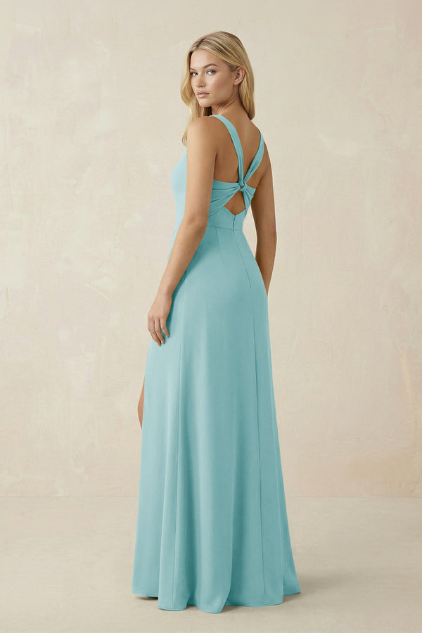 Square Neck Ruched Sheath Satin Bridesmaid Dress in Bleached Aqua - SHE IS ME Bridesmaid Dresses
