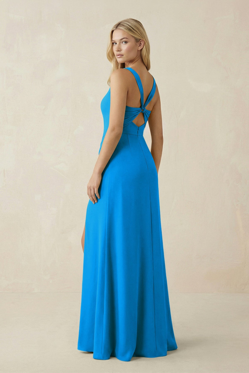 Square Neck Ruched Sheath Satin Bridesmaid Dress in Blue Jay - SHE IS ME Bridesmaid Dresses