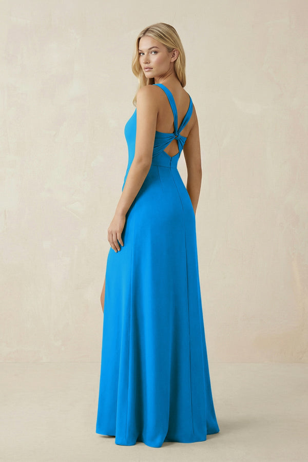Square Neck Ruched Sheath Satin Bridesmaid Dress in Blue Jay - SHE IS ME Bridesmaid Dresses
