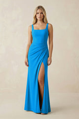 Square Neck Ruched Sheath Satin Bridesmaid Dress in Blue Jay - KISS BRIDAL Bridesmaid Dresses