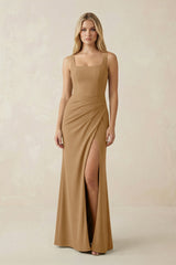 Square Neck Ruched Sheath Satin Bridesmaid Dress in Bronzer - KISS BRIDAL Bridesmaid Dresses