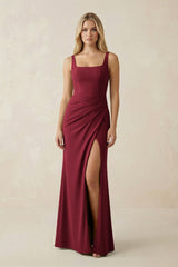Square Neck Ruched Sheath Satin Bridesmaid Dress in Burgundy - KISS BRIDAL Bridesmaid Dresses