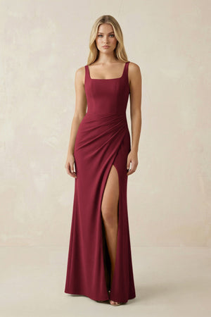 Square Neck Ruched Sheath Satin Bridesmaid Dress in Burgundy - KISS BRIDAL Bridesmaid Dresses