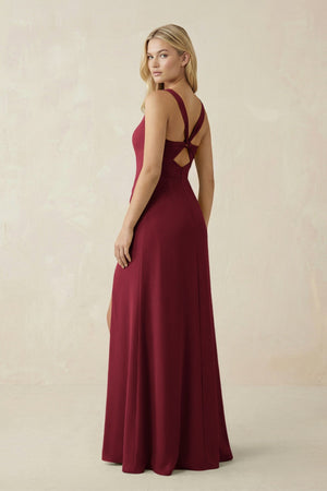 Square Neck Ruched Sheath Satin Bridesmaid Dress in Burgundy - KISS BRIDAL Bridesmaid Dresses