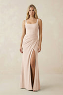 Square Neck Ruched Sheath Satin Bridesmaid Dress in Buttercream - KISS BRIDAL Bridesmaid Dresses