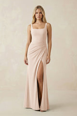 Square Neck Ruched Sheath Satin Bridesmaid Dress in Buttercream - KISS BRIDAL Bridesmaid Dresses