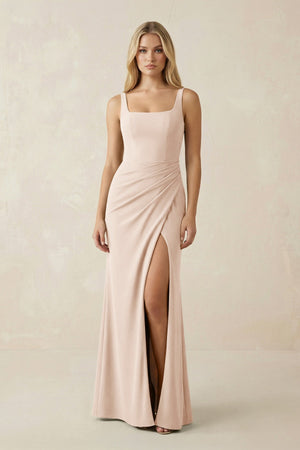 Square Neck Ruched Sheath Satin Bridesmaid Dress in Buttercream - KISS BRIDAL Bridesmaid Dresses