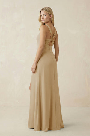 Square Neck Ruched Sheath Satin Bridesmaid Dress in Champagne - KISS BRIDAL Bridesmaid Dresses