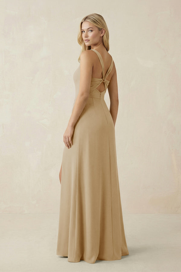Square Neck Ruched Sheath Satin Bridesmaid Dress in Champagne - KISS BRIDAL Bridesmaid Dresses