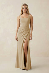 Square Neck Ruched Sheath Satin Bridesmaid Dress in Champagne - KISS BRIDAL Bridesmaid Dresses