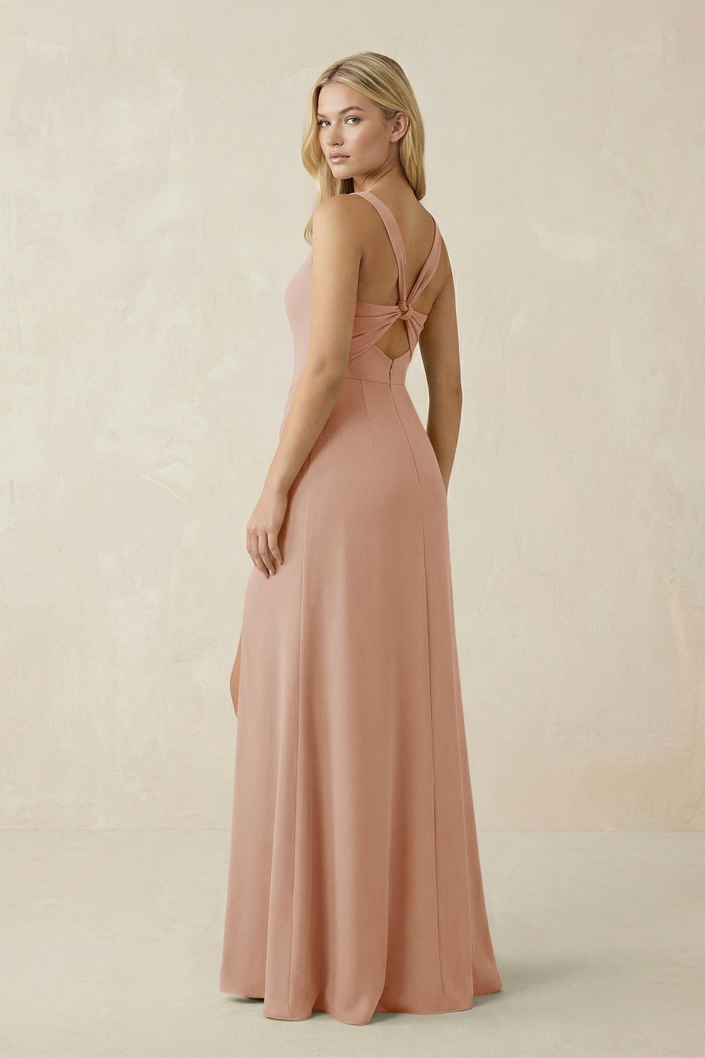 Square Neck Ruched Sheath Satin Bridesmaid Dress in Champagne Rose - KISS BRIDAL Bridesmaid Dresses
