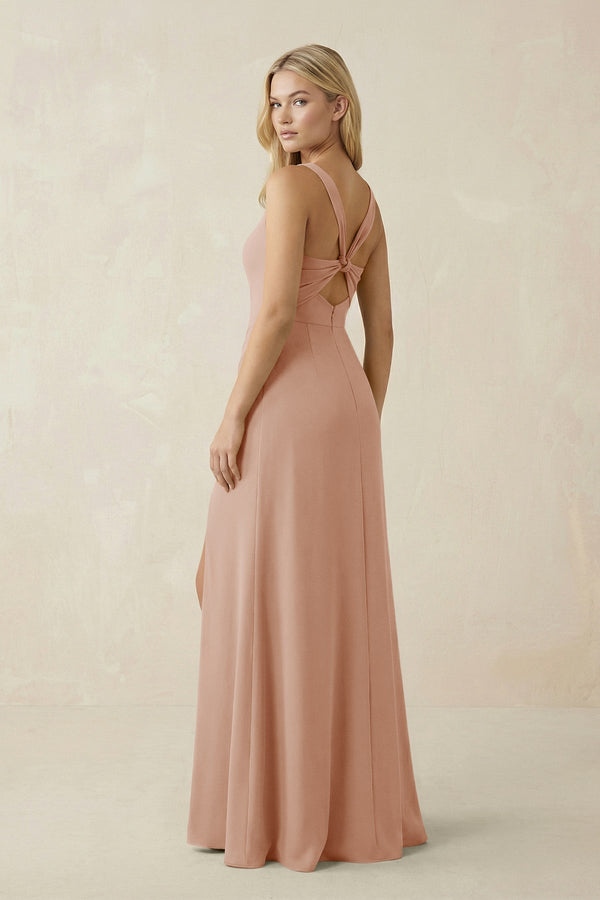 Square Neck Ruched Sheath Satin Bridesmaid Dress in Champagne Rose - KISS BRIDAL Bridesmaid Dresses