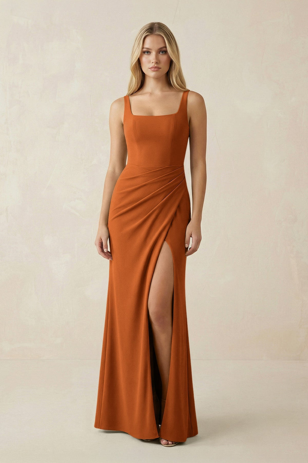 Square Neck Ruched Sheath Satin Bridesmaid Dress in Cinnamon - KISS BRIDAL Bridesmaid Dresses