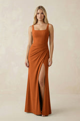 Square Neck Ruched Sheath Satin Bridesmaid Dress in Cinnamon - KISS BRIDAL Bridesmaid Dresses