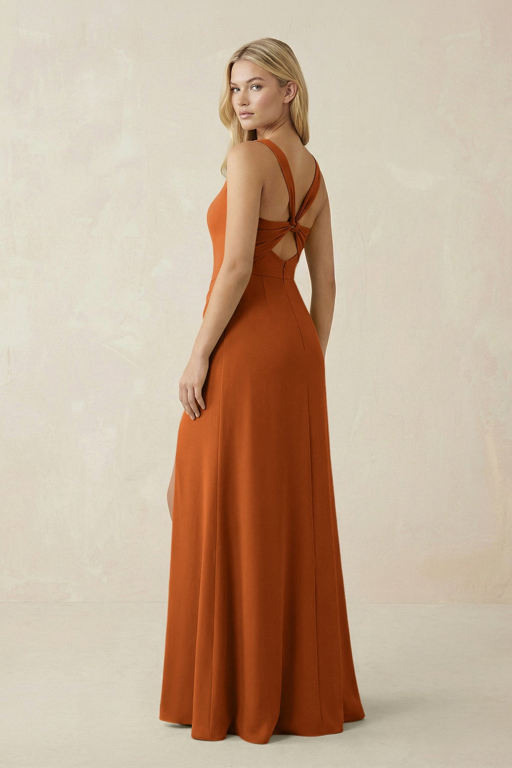 Square Neck Ruched Sheath Satin Bridesmaid Dress in Cinnamon - KISS BRIDAL Bridesmaid Dresses