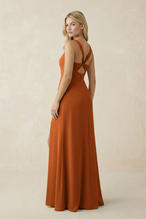 Square Neck Ruched Sheath Satin Bridesmaid Dress in Cinnamon - SHE IS ME Bridesmaid Dresses