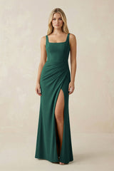 Square Neck Ruched Sheath Satin Bridesmaid Dress in Dark Green - KISS BRIDAL Bridesmaid Dresses
