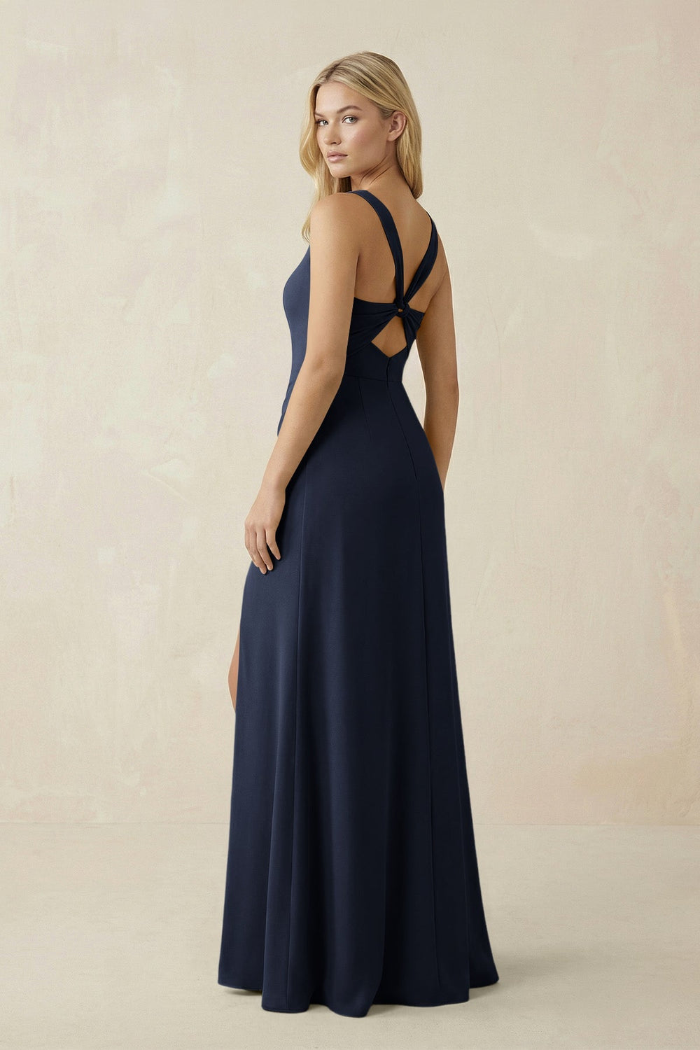 Square Neck Ruched Sheath Satin Bridesmaid Dress in Dark Navy - SHE IS ME Bridesmaid Dresses