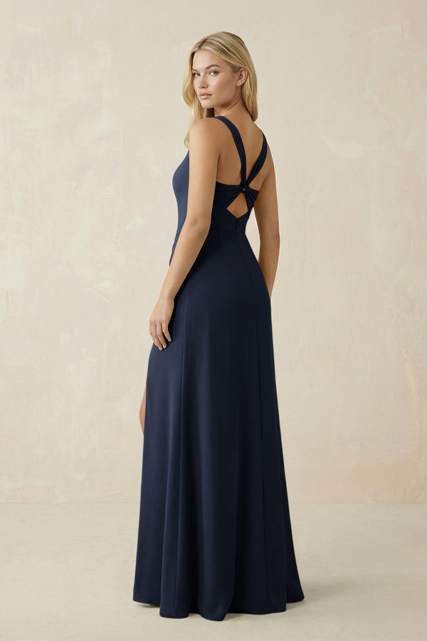 Square Neck Ruched Sheath Satin Bridesmaid Dress in Dark Navy - SHE IS ME Bridesmaid Dresses