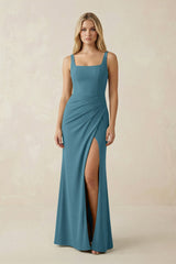 Square Neck Ruched Sheath Satin Bridesmaid Dress in Dark Teal - KISS BRIDAL Bridesmaid Dresses