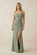 Square Neck Ruched Sheath Satin Bridesmaid Dress in Dove Gray - SHE IS ME Bridesmaid Dresses