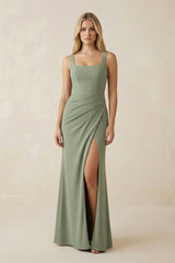 Square Neck Ruched Sheath Satin Bridesmaid Dress in Dove Gray - KISS BRIDAL Bridesmaid Dresses