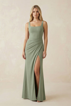 Square Neck Ruched Sheath Satin Bridesmaid Dress in Dove Gray - SHE IS ME Bridesmaid Dresses