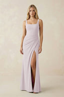 Square Neck Ruched Sheath Satin Bridesmaid Dress in Dusk - SHE IS ME Bridesmaid Dresses