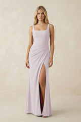 Square Neck Ruched Sheath Satin Bridesmaid Dress in Dusk - KISS BRIDAL Bridesmaid Dresses