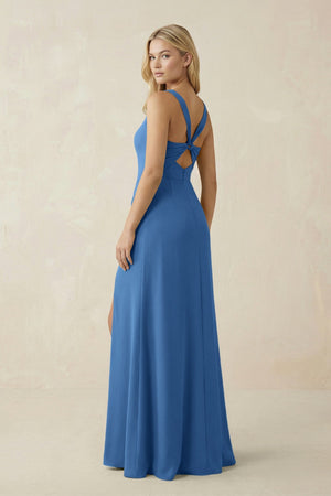 Square Neck Ruched Sheath Satin Bridesmaid Dress in Dusty Blue - KISS BRIDAL Bridesmaid Dresses