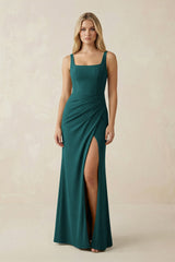 Square Neck Ruched Sheath Satin Bridesmaid Dress in Emerald - KISS BRIDAL Bridesmaid Dresses