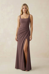 Square Neck Ruched Sheath Satin Bridesmaid Dress in Espresso - KISS BRIDAL Bridesmaid Dresses