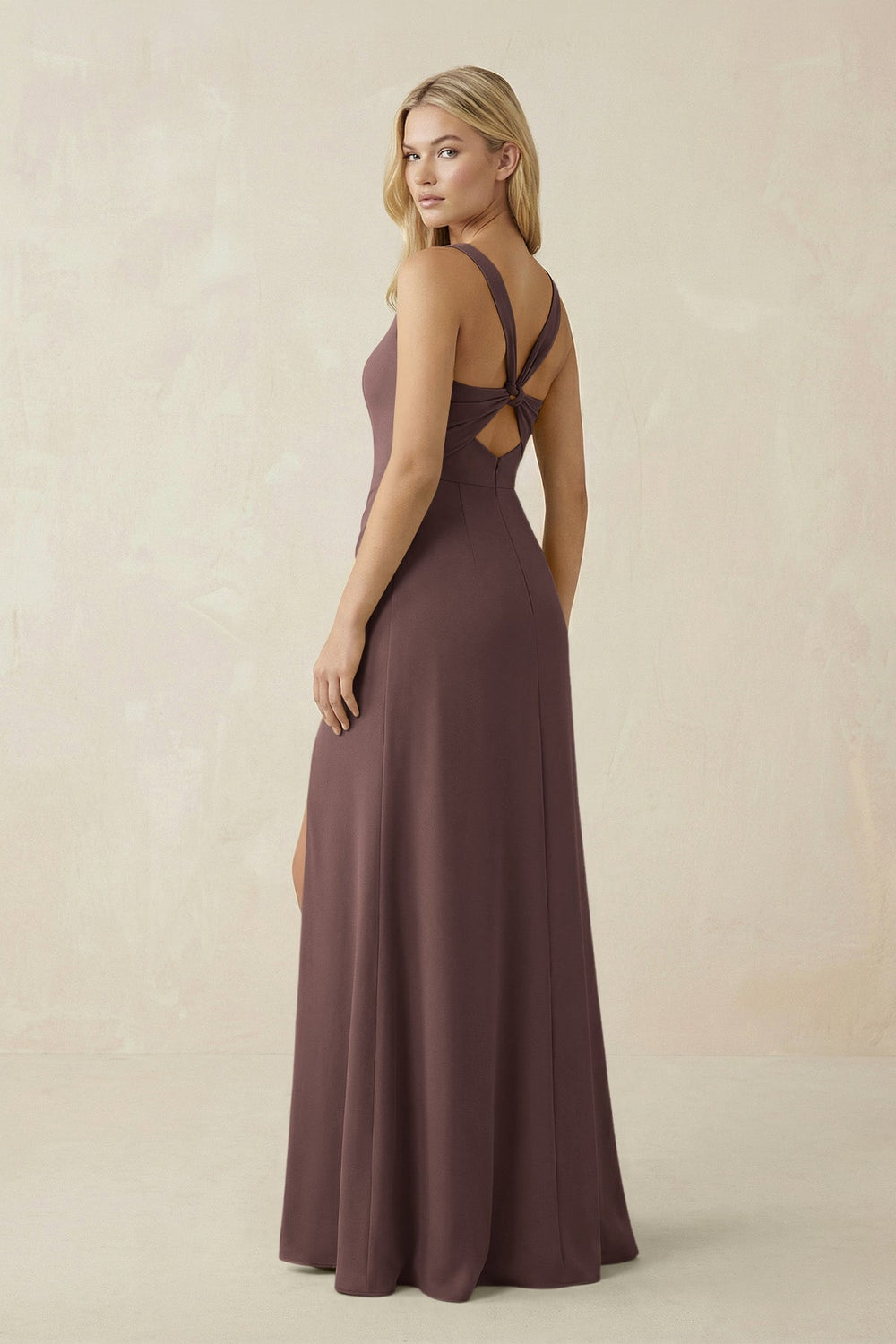 Square Neck Ruched Sheath Satin Bridesmaid Dress in Espresso - KISS BRIDAL Bridesmaid Dresses