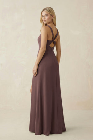 Square Neck Ruched Sheath Satin Bridesmaid Dress in Espresso - SHE IS ME Bridesmaid Dresses