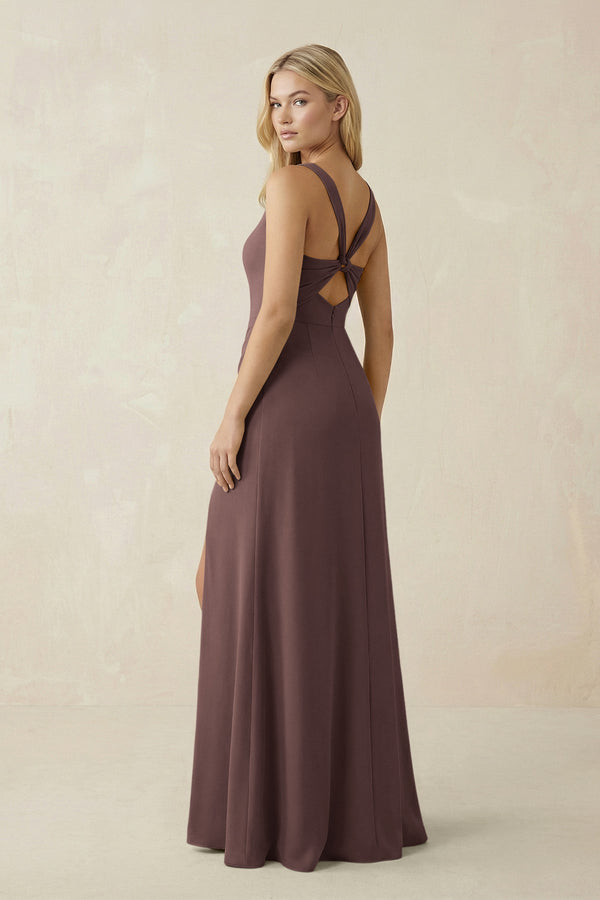 Square Neck Ruched Sheath Satin Bridesmaid Dress in Espresso - SHE IS ME Bridesmaid Dresses