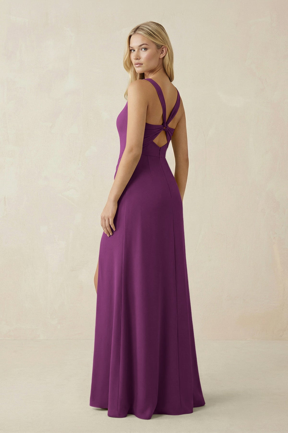 Square Neck Ruched Sheath Satin Bridesmaid Dress in Fig - SHE IS ME Bridesmaid Dresses