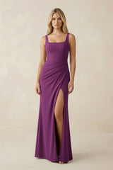 Square Neck Ruched Sheath Satin Bridesmaid Dress in Fig - KISS BRIDAL Bridesmaid Dresses