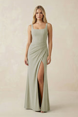 Square Neck Ruched Sheath Satin Bridesmaid Dress in Frost - KISS BRIDAL Bridesmaid Dresses
