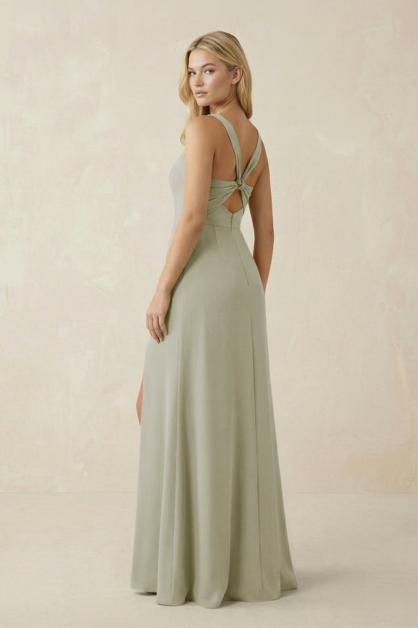Square Neck Ruched Sheath Satin Bridesmaid Dress in Frost - KISS BRIDAL Bridesmaid Dresses