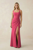 Square Neck Ruched Sheath Satin Bridesmaid Dress in Fuchsia - KISS BRIDAL Bridesmaid Dresses