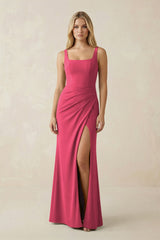 Square Neck Ruched Sheath Satin Bridesmaid Dress in Fuchsia - KISS BRIDAL Bridesmaid Dresses